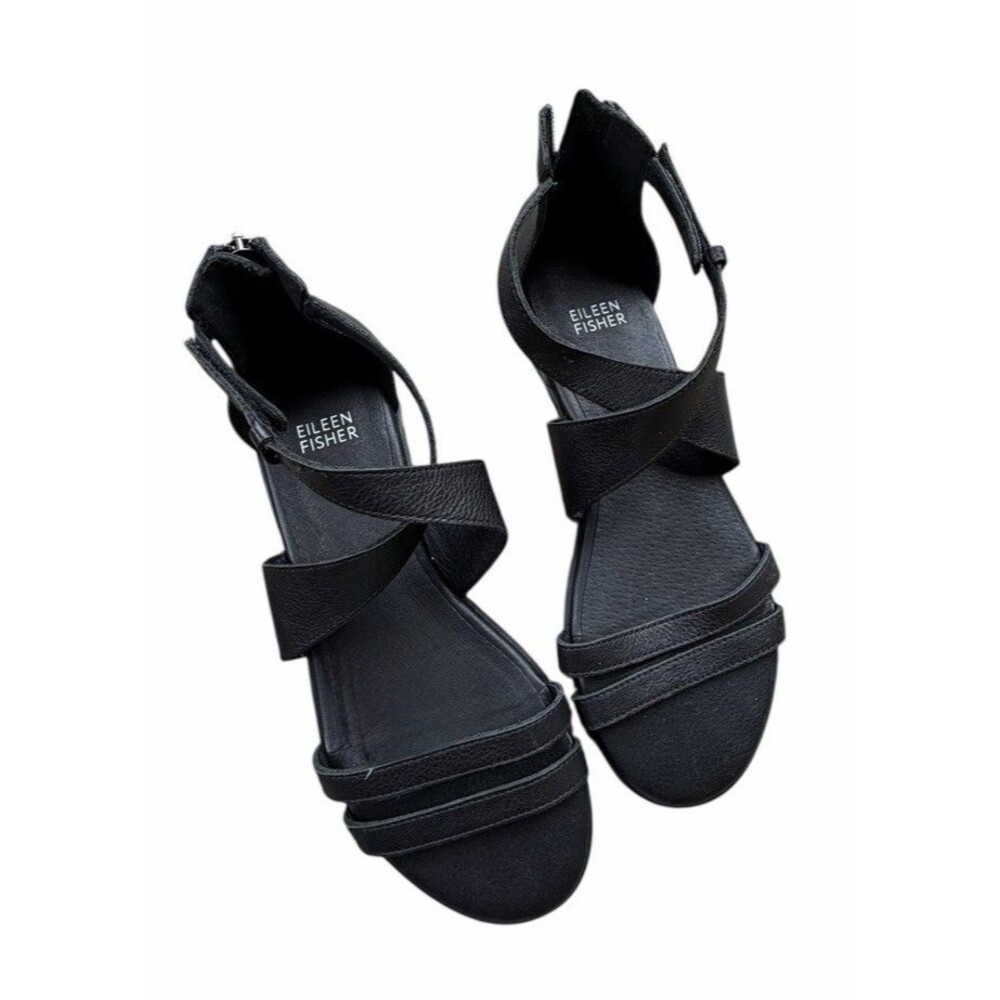 NEW Eileen Fisher Cici Black Leather Strappy Flat Sandals Minimalist 7 Summer